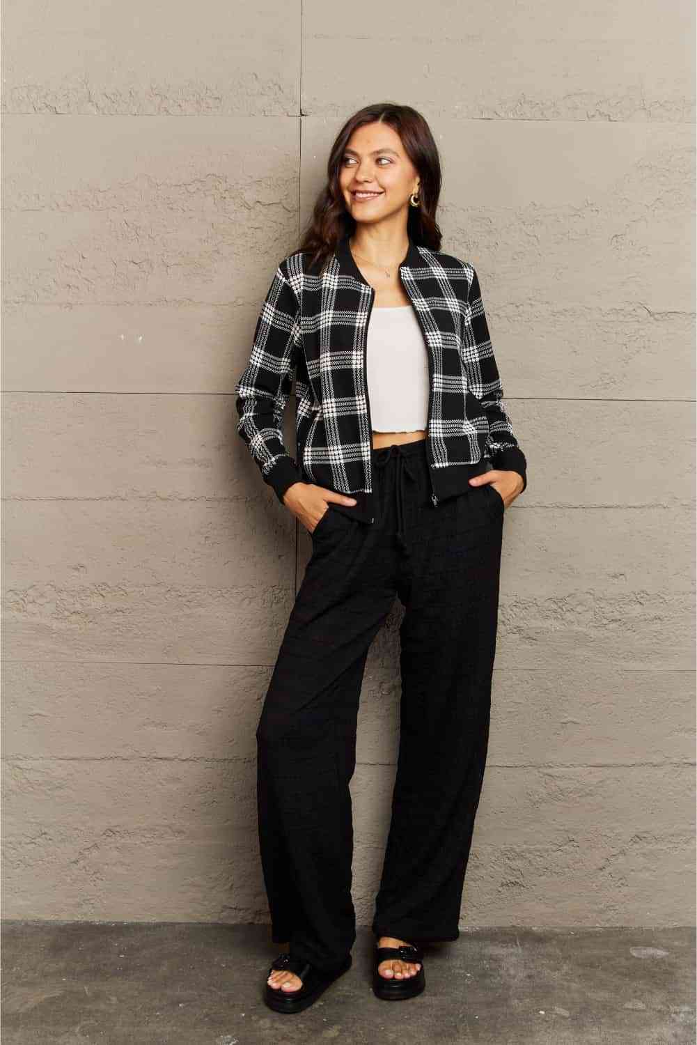 Claire Plaid Round Neck Long Sleeve Jacket