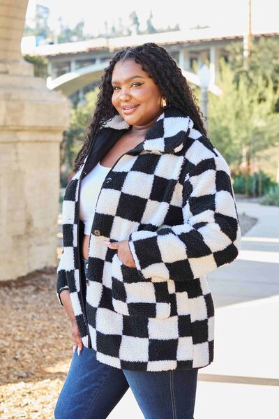 Peach Rose Button Front Checkered Coat With Pockets