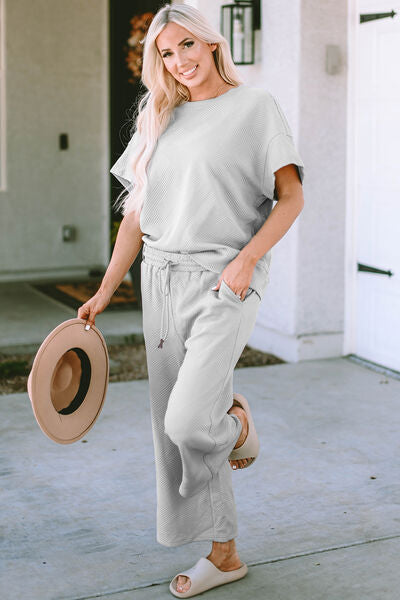 Chelsea Textured Short Sleeve Top and Pant Set