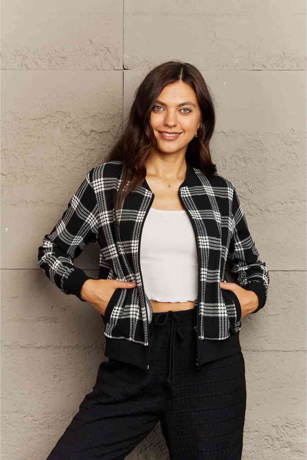 Claire Plaid Round Neck Long Sleeve Jacket