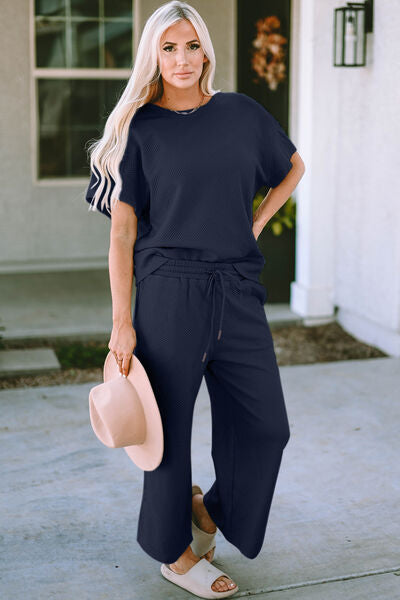 Chelsea Textured Short Sleeve Top and Pant Set
