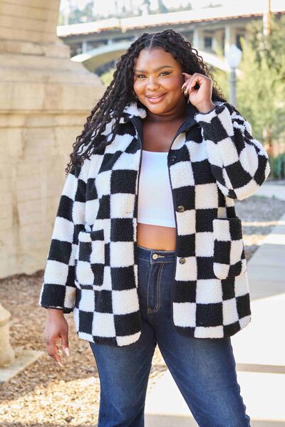 Peach Rose Button Front Checkered Coat With Pockets