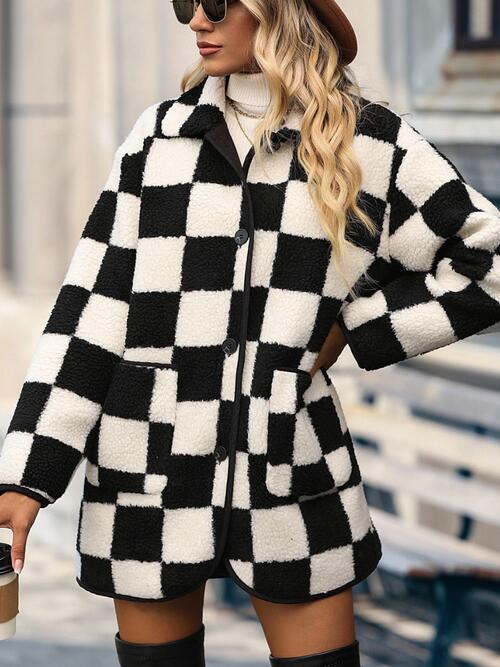 Peach Rose Button Front Checkered Coat With Pockets