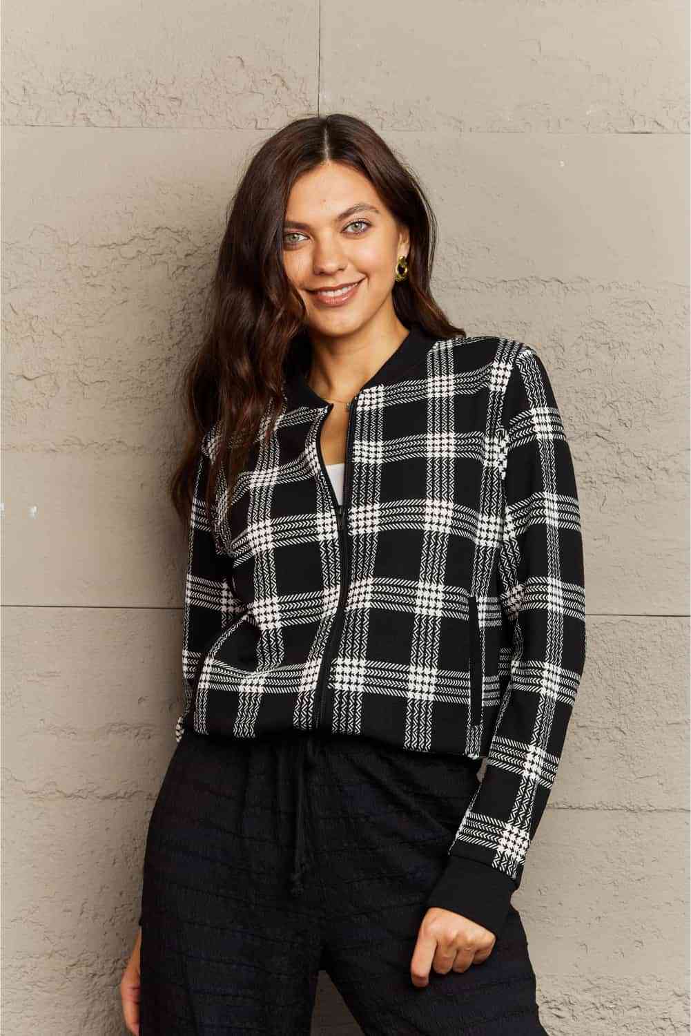 Claire Plaid Round Neck Long Sleeve Jacket