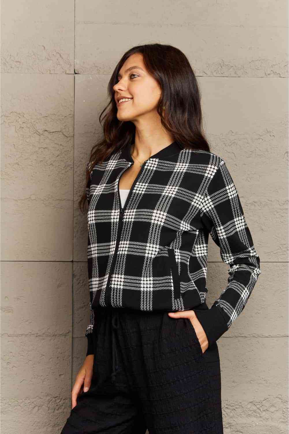 Claire Plaid Round Neck Long Sleeve Jacket