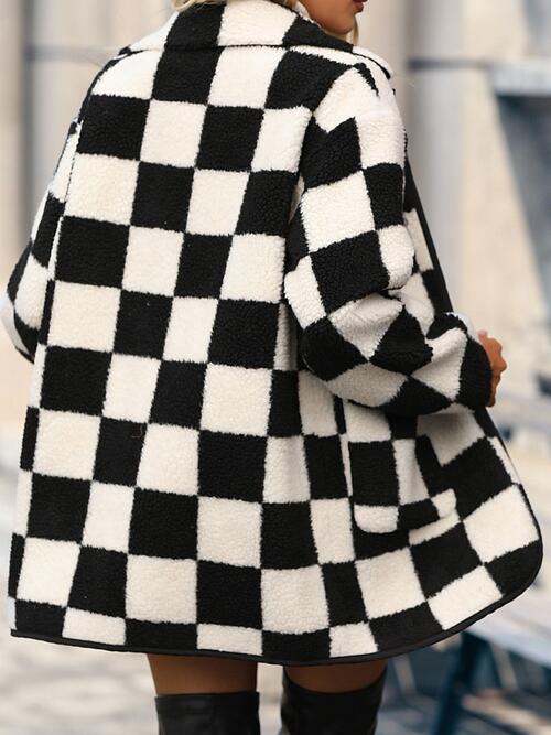Peach Rose Button Front Checkered Coat With Pockets