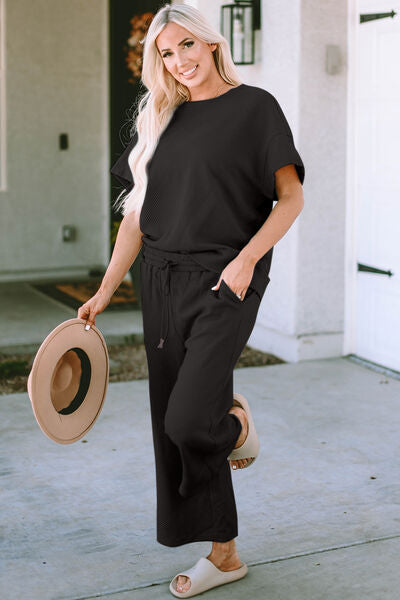 Chelsea Textured Short Sleeve Top and Pant Set