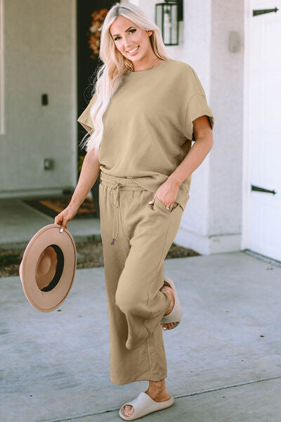 Chelsea Textured Short Sleeve Top and Pant Set